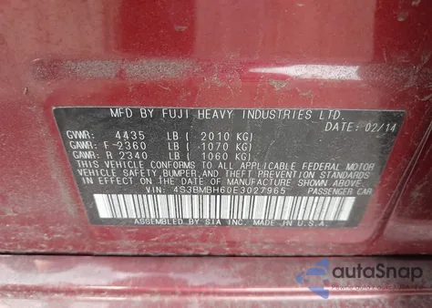 2014 Subaru Legacy 2.5 I Sport from USA, damaged, VIN 4S3BMBH60E3027965